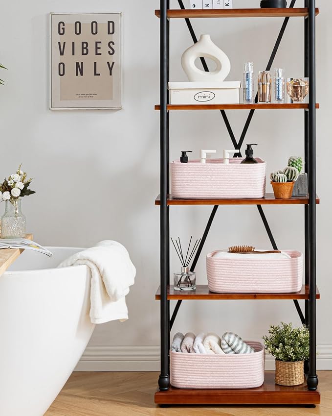 KALLAX Small Woven Basket, 13.5 x 9.5 x 5 Inches, Storage Basket for Organizing, Cute Small Rope Shelf Closet Cube Storage Bins Baskets for Shelves, Dog Toy Gift Baskets Empty, 3 Pack Light Pink-Ruum Studio Home