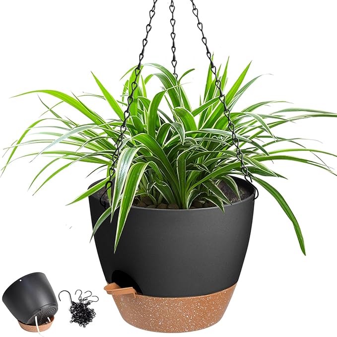 Hanging Planters for Indoor Outdoor Plants, 1 Set Self Watering Hanging Pot with Drainage Holes & Removable Tray (Black-12inch, 12'')-Ruum Studio Home