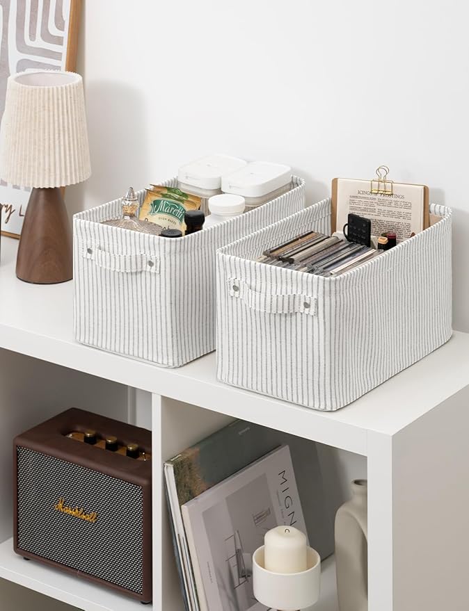 StorageWorks Narrow Storage Bins, Small Basket for Closet and Shelves, Rectangular Fabric Organizer with Handles, Toilet Paper Storage, Gray and White, 2-Pack-Ruum Studio Home