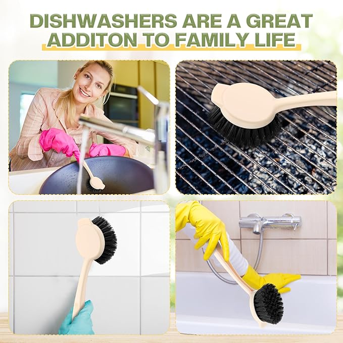 16 Pack Dish Brush with Handle Dish Scrubber Brush with Built-in Scraper Kitchen Scrub with Stiff Bristles Long Scrubber for Home Restaurant Pot Sink Washing Cleaning Supplies, Beige-Ruum Studio Home