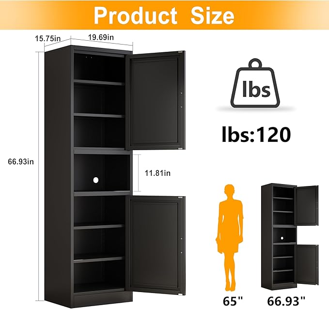 Tall Narrow Storage Cabinet 66.93" H Tall Bathroom Cabinet Metal Pantry Cabinets, 4 Adjustable Shelves for Kitchen, Home Office, Living Room, Dinning Room (20 inches Wide Black)-Ruum Studio Home