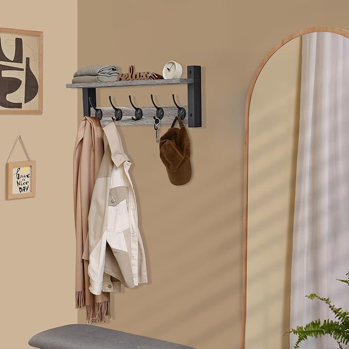 Sorbus Coat Hooks Wall Mount with Shelf – 24 Inch Coat Rack Wall Mount with 5 Heavy Duty Hooks – Floating Wall Shelf with Hooks for Entryway, Bathroom, Bedroom, Kitchen, or Mudroom (Gray)-Ruum Studio Home