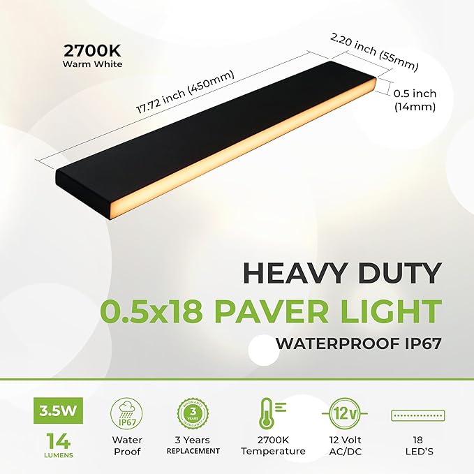 LUMENGY Paver Light Slim 0.5x18 Inch Glare-Free 2700K Warm White, Steel Brick Lighting for Pavers, Walls, Driveway & Pathway Borders, Waterproof IP67, 12V AC/DC Drive-Over Rated-Ruum Studio Home