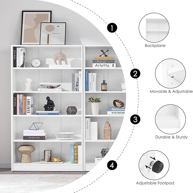 Bookshelf, Open Modern Bookshelf, 5 Shelf Bookcase with Freestanding Display Storage, Wooden Book Shelf for Bedroom, Living Room, Dinning Room, Office, 60 Inch, White-Ruum Studio Home