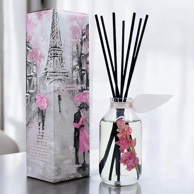 LOVSPA Reed Diffuser Set, Pink Tuberose Scented Oil Diffuser with Sticks, Home Fragrance Accessories for Bathroom Shelf Decor, Aroma Diffusers for Home or Office Desk, USA Made-Ruum Studio Home