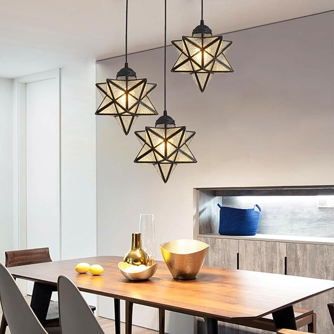 Farmhouse Glam Chandelier with Glass Star Pendants Light Fixture Elegant Ceiling Hanging Lights Included Warm Light Bulbs Black-Ruum Studio Home