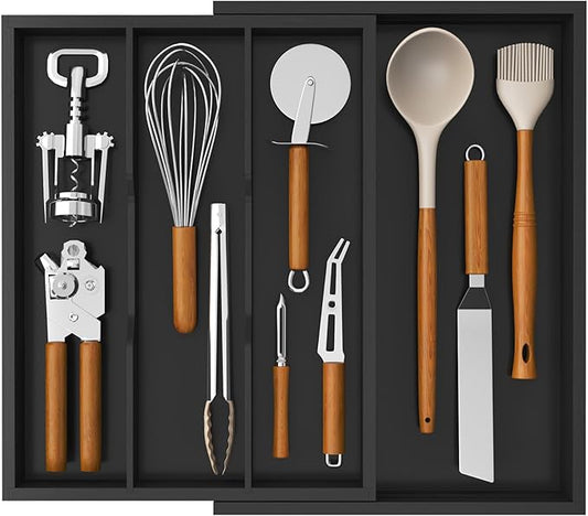 Lifewit Utensil Drawer Organizer, Expendable Cooking Silverware Tray for Kitchen Drawer, Bamboo Adjustable Cutlery Flatware Holder, Spatula Tools and Gadgets Storage Divider, 4 Compartments, Black-Ruum Studio Home