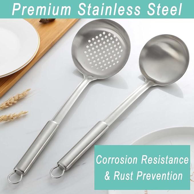 Pleafind 2-Pcs Ladle and Slotted Spoon, Soup Ladle and Strainer Spoons, Stainless Steel Cooking Spoon and Skimmer Spoons, Kitchen Utensils, Wok Utensils for Home and Restaurant, Dishwasher Safe-Ruum Studio Home