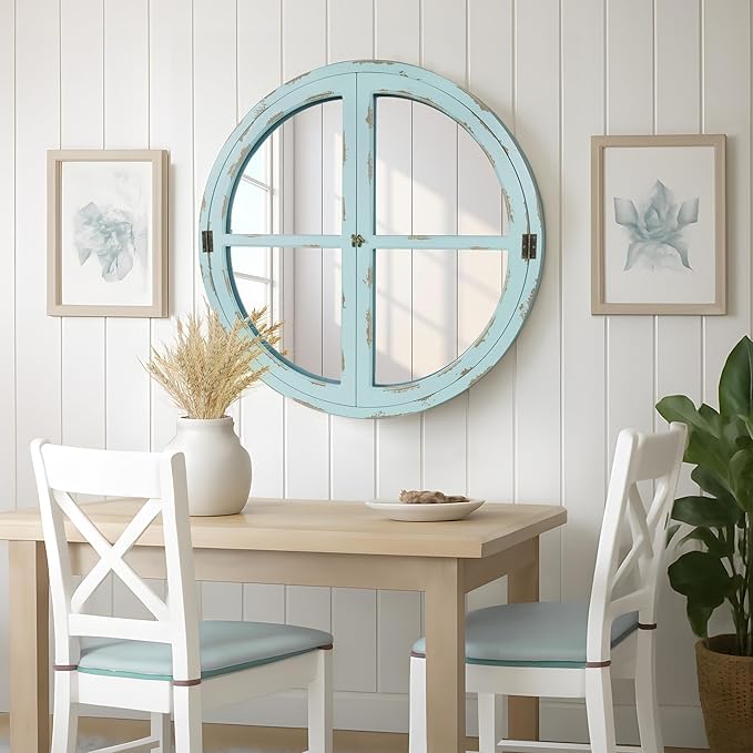 30" Round Window Mirror, Vintage Coastal Wall Mirror with Distressed Blue Wood Frame & Faux Windowpanes, Farmhouse Cottagecore Decor for Living Room, Entryway, or Dining Room-Ruum Studio Home