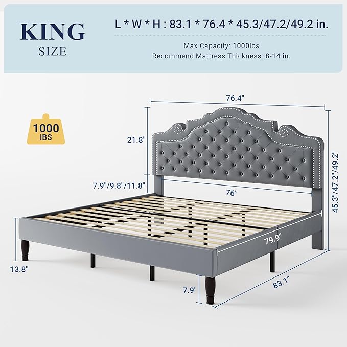 Allewie King Size Bed Frame with Adjustable Velvet Tiara Headboard, Upholstered Diamond Button Tufted Platform Bed, Wood Slats Support, No Box Spring Needed, Light Grey-Ruum Studio Home