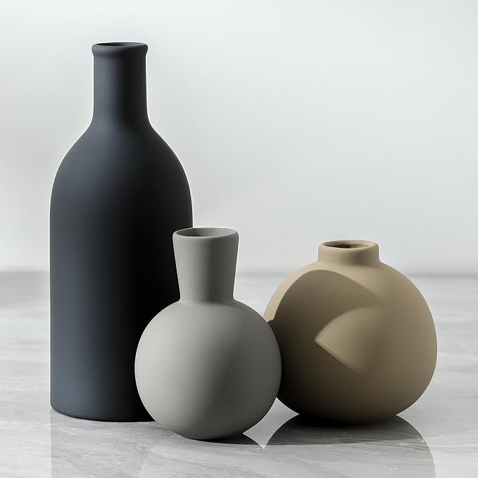 Ceramic Vase Set of 3, Flower Decorative Vases Home Decor Boho Neutral Modern Pottery Pampas Vases for Centerpiece Bouquet Table Mantel Entryway Bookshelf Living Room Bedroom Bathroom Kitchen-Ruum Studio Home