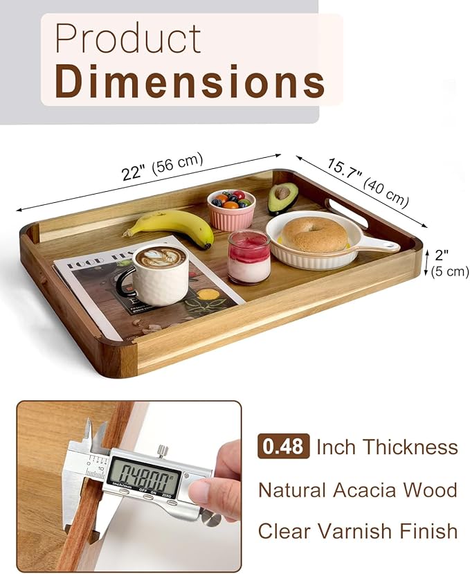22 Inches Acacia Wood Serving Tray with Handles, Large Wooden Rectangle Ottoman Tray, Nice Home Decor for Living Room Coffee Table Couch, Ideal Size for Serving Food Breakfast BBQ Party-Ruum Studio Home