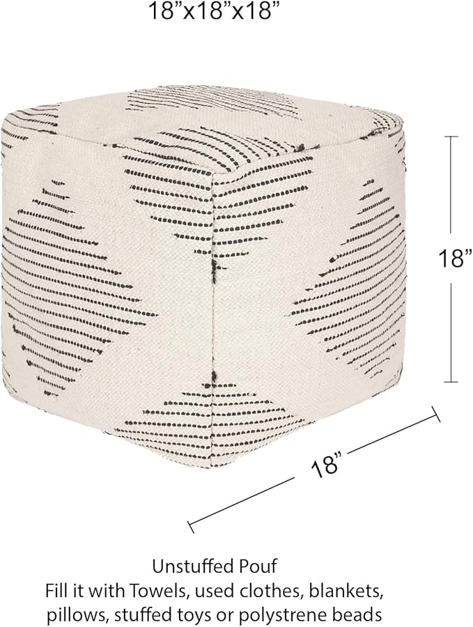 REDEARTH · UNSTUFFED Pouf Ottoman Cover Textured Boho Storage Square Home Decor Poof Pouffe Space Saver Footrest for Living Room, Bedroom, Nursery, Kidsroom; 100% Cotton (18"x18"x18"; Black)-Ruum Studio Home