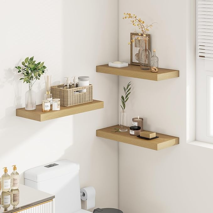 12 Inch Deep Floating Shelves 24 inch Long, 24 x 12 Wide Wall Shelves with Invisible Brackets, Heavy Duty Shelf for Bedroom Bathroom Living Room Kitchen Office Home Decor, Modern Shelf Set of 2, Oak-Ruum Studio Home