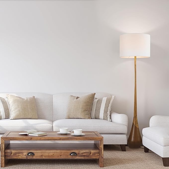 GLOBE Electric Novogratz x Harrington 65" Floor Lamp, 2-Tone Faux Wood Base, White Fabric Shade, Socket Rotary Switch 67225-Ruum Studio Home