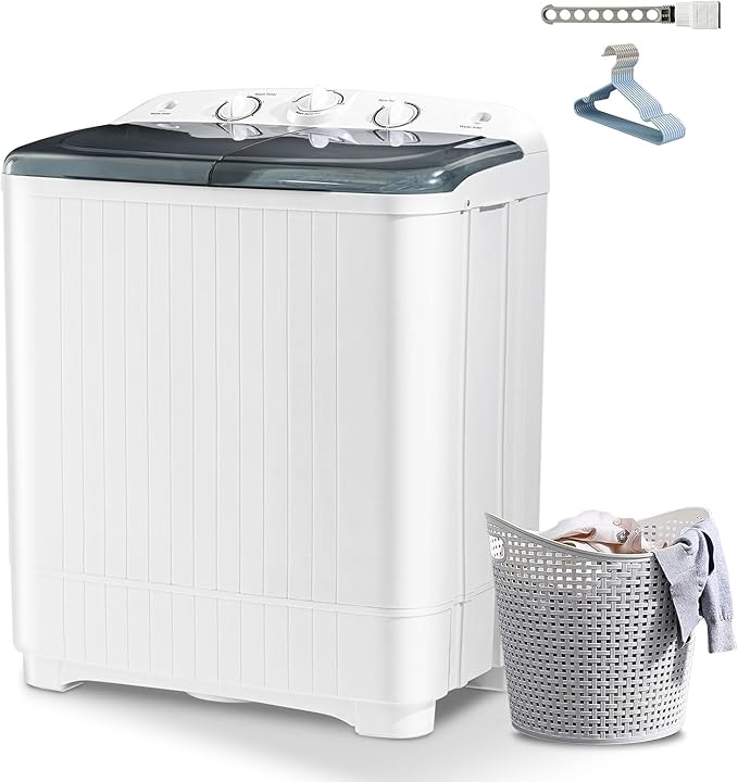 Portable Mini Twin Tub 22lbs Washing Machine With Drying Rack& 10 Hangers, 13lbs Washer & 9lbs Spinner, Small Laundry Washer with Time Control for Camping, Apartments, RV (22lbs)-Ruum Studio Home