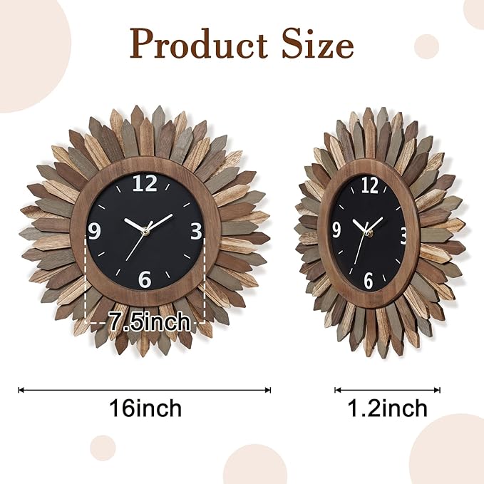 Honiway 16 Inch Wall Clocks, Rustic Wood Boho Sunburst Decorative Wall Clock Battery Operated Silent Non Ticking Farmhouse Large Wall Clocks for Living Room Kitchen Bedroom Home Decor (Tricolor)-Ruum Studio Home