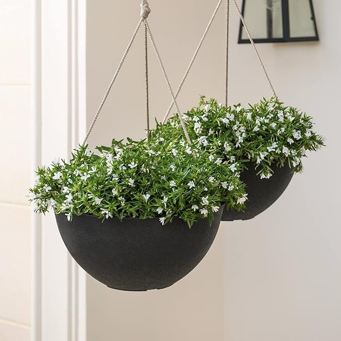 LA JOLIE MUSE Hanging Planters for Outdoor Plants, Large Hanging Planter with Drain Holes, Black Hanging Flower Pots (13.2 Inch, Set of 2)-Ruum Studio Home