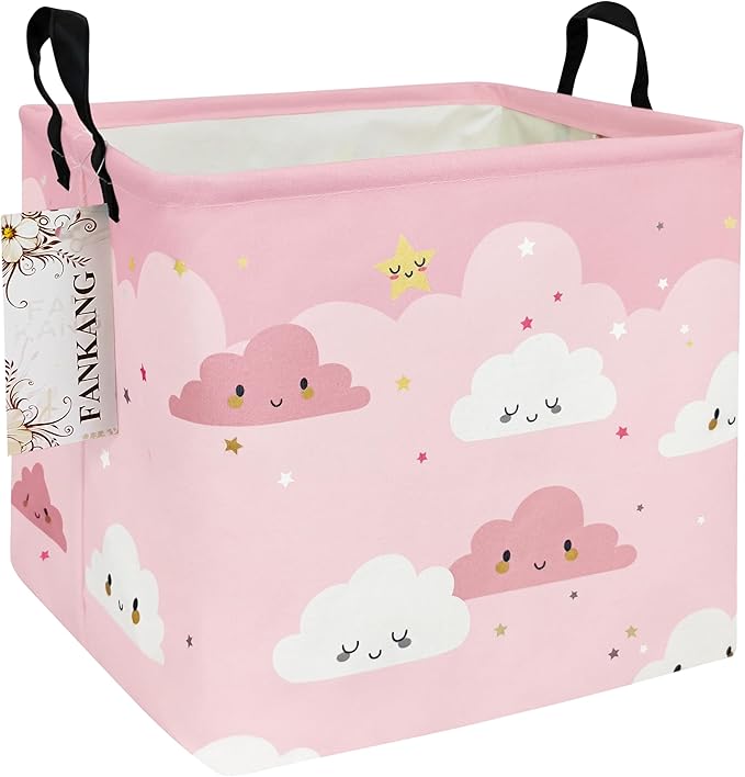 FANKANG Square Nursery Hamper Storage Bins Canvas Laundry Basket Foldable with Waterproof PE Coating Storage Baskets Gift Baskets for Children, Office, Bedroom, Clothes（Square-pink cloud ）-Ruum Studio Home