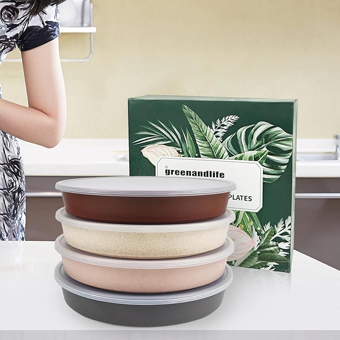 greenandlife 9 Inch 4PCS Portion Control Plates with Lids, Divided Plates for Kids Adults, Dishwasher Microwave Safe Compartment Plate, Unbreakable Lightweight Reusable Wheat Straw Plate, Earth Tone-Ruum Studio Home