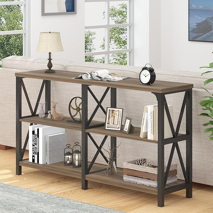 LVB Rustic Console Table, Wood Metal Entryway Table Behind Couch, Industrial Sofa Table with 3 Tier Storage Shelf, Modern Wooden Foyer Hallway Table for Entry Living Room Bedroom, Rustic Oak, 47 Inch-Ruum Studio Home