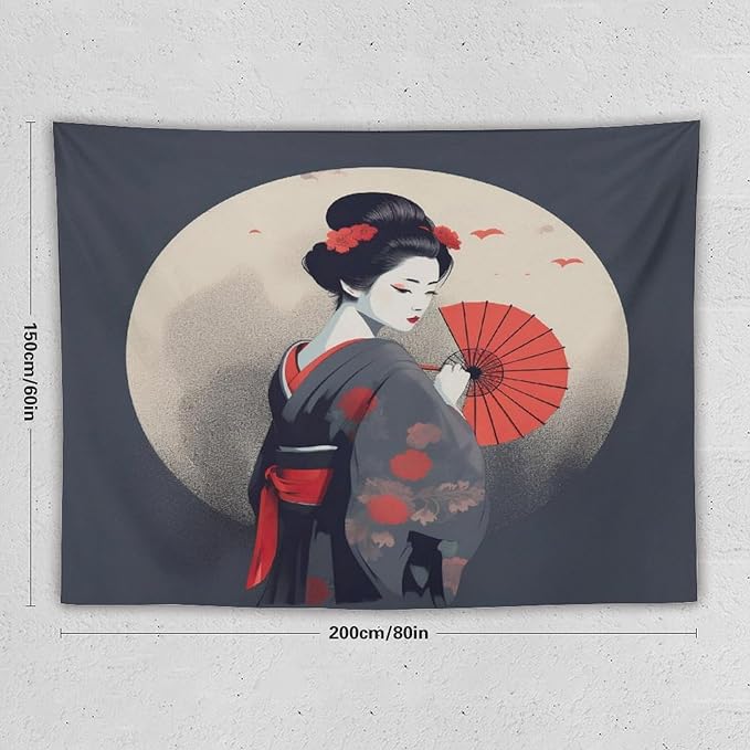 Japanese Woman Geisha Tapestry Asian Red Cherry Blossom Red Sun Traditional Kimono Folk Tapestries Home Decor for Living Room Bedroom Apartment Farmhouse Dorm 80"x60"-Ruum Studio Home