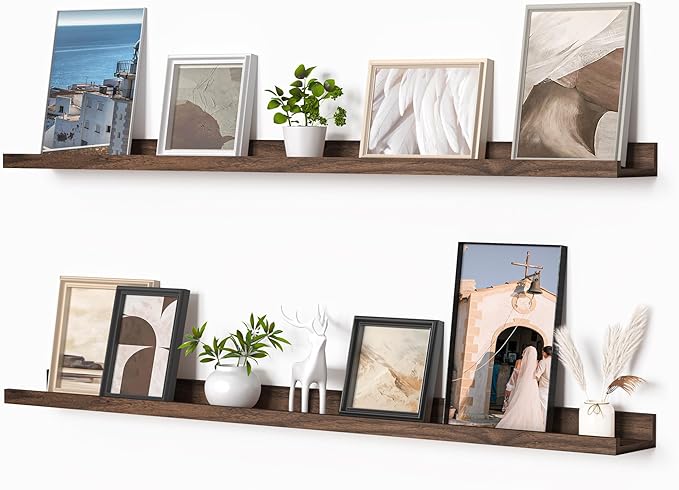 Heimlove Picture Ledge Shelf, Floating Shelves Set of 2, 48 Inches Picture Shelf for Wall with Ledge, Kids Bookshelf Wall Mounted for Living Room Bedroom Decor Books Photo Frames, Walnut-Ruum Studio Home