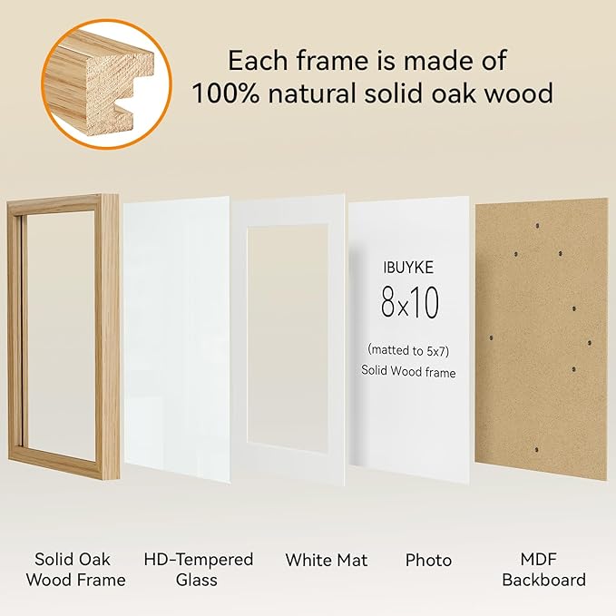 IBUYKE 8x10 Picture Frame,Set of 3,Solid Oak Wood 8x10 Photo Frame with Mat to 5x7,10x8 Picture Frames With Tempered Glass,Tabletop or Wall Mount Display,Home Decor,Natural Oak 8 x 10 Frame,UWPF0810N-3-Ruum Studio Home