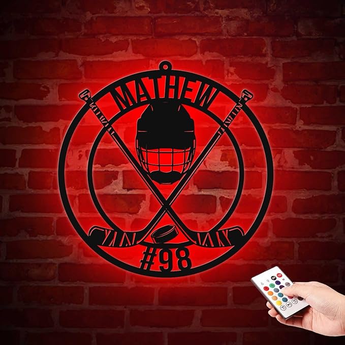 Custom Hockey Stick LED Sign – Personalized Name Signs, Neon Wall Light with Puck Metal Sign, Hockey Room Decor for Boys, Players, Man Cave, Fans, Coaches-Ruum Studio Home