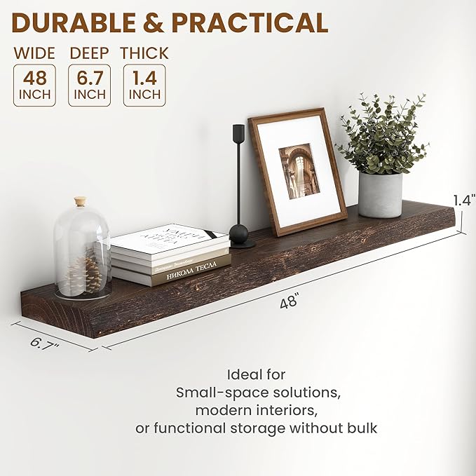 Fun Memories 48" Floating Shelves for Wall, Live Edge Solid Elm Wood Floating Shelf with Invisible Bracket, Wall Mounted Display Wooden Shelves for Bathroom, Kitchen, Bedroom, Walnut Color, Set of 1-Ruum Studio Home