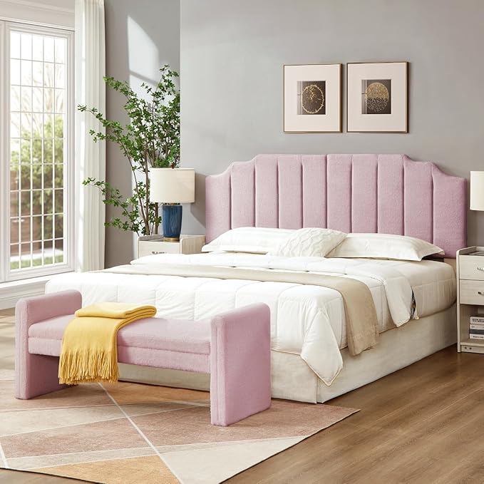 24KF Pink Teddy Fabric Tufted King Upholstered Headboard, Modern Vertical Channel Design California King Headboard with Stepped Silhouette Top Edge,6026-K-Teddy Pink-Ruum Studio Home