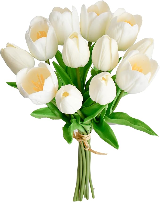 Mandy's Artificial Tulips 12 Stems White PU Faux Flowers for Wedding Home Decor 13.5 Inch-Ruum Studio Home