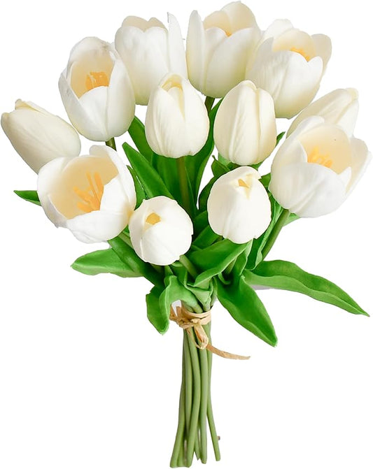 Mandy's Artificial Tulips 12 Stems White PU Faux Flowers for Wedding Home Decor 13.5 Inch-Ruum Studio Home