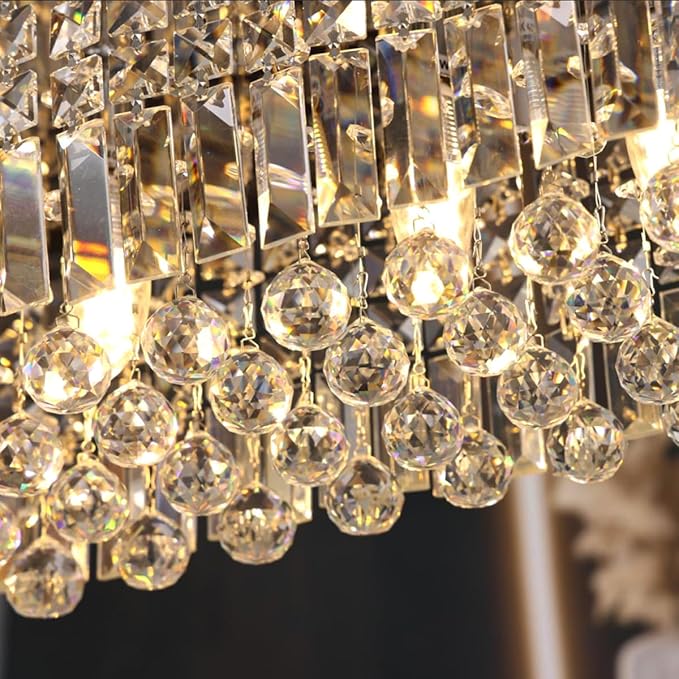 Rectangular Chandelier, Flush Mount Rectangle Chandelier Modern K9 Crystal Chandeliers Light Fixture, 6-Lights Raindrop Crystal Pendant Ceiling Light for Dining Room Bedroom Bar Club L31.5 Inch-Ruum Studio Home