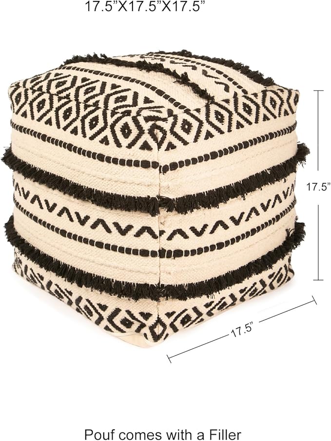 REDEARTH · Tufted Pouf Ottoman with Filler Textured Storage Cube Bean Bag Pouffe Footrest for Living Room, Bedroom, Nursery, Kidsroom; 100% Cotton (17.5"X17.5"X17.5", Geometric Craft Black)-Ruum Studio Home