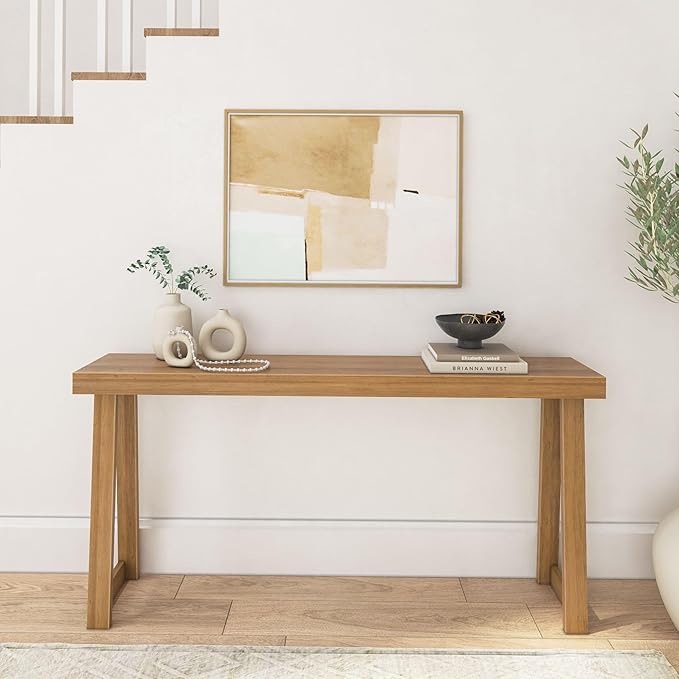Plank+Beam Solid Wood Console Table, 66 Inch, Sofa Table, Narrow Entryway Table for Hallway, Behind The Couch, Living Room, Foyer, Easy Assembly, Pecan-Ruum Studio Home