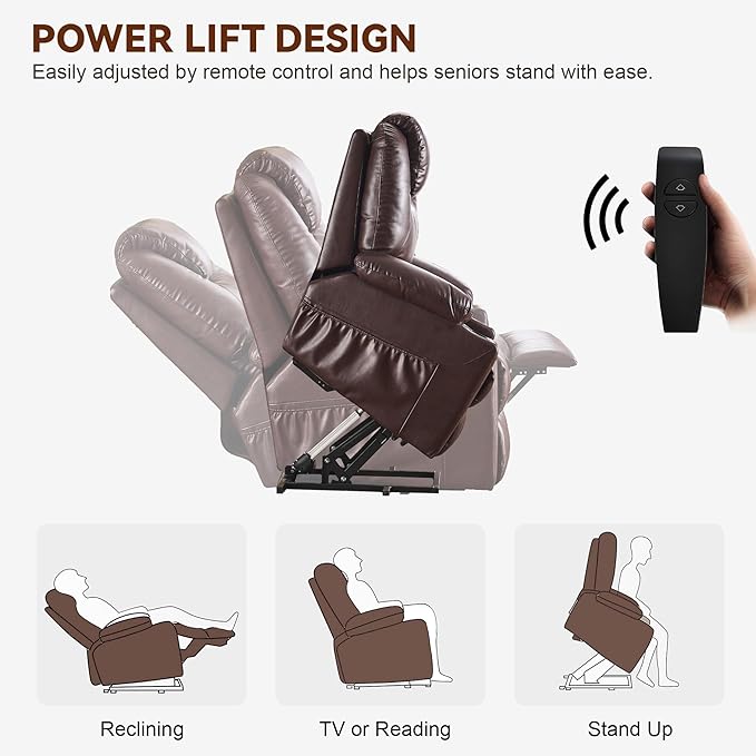 SALOHZA Power Lift Recliner Chair for Elderly with Massage and Heat for Living Room, Electric Recliner Chair for Adults with USB/Type C Port/Cup Holders, PU Faux Leather, Chocolate Brown-Ruum Studio Home