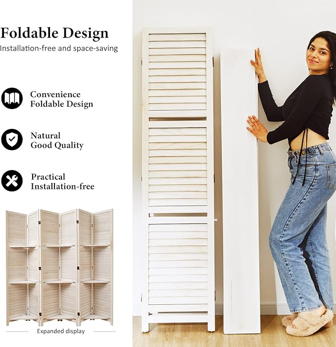 Partition Room Dividers, Folding Wood Privacy Screen with Three Display Shelves Suitable for Home Office, Study, Art Display - 6 Panel, 67 * 77inch (White)-Ruum Studio Home