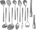 304 Stainlss Steel Kitchen Utensils Set, 12 Pcs Long Metal Cooking Utensil Gadgets Tools Set with Spatula, Ladle, Spoon, Ladle, Skimmer, Tunner, Pasta Server, Tongs(Silver, Dishwasher Safe)-Ruum Studio Home
