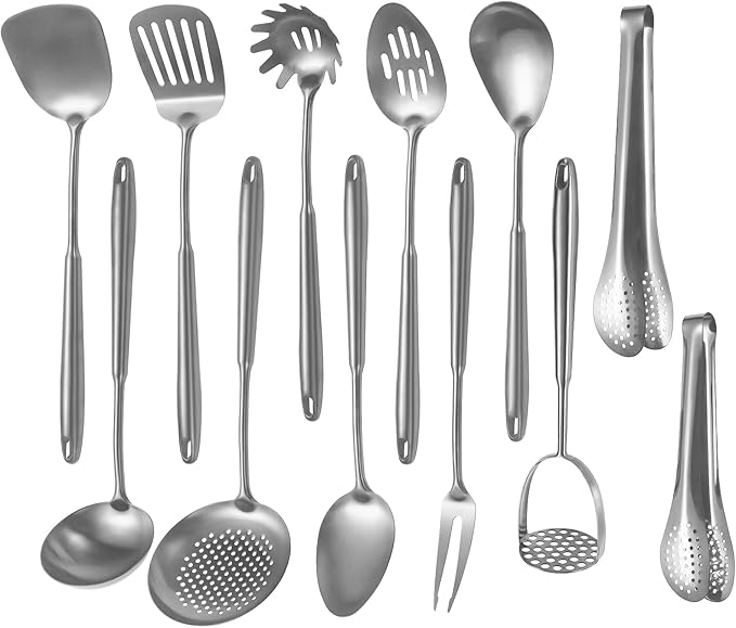 304 Stainlss Steel Kitchen Utensils Set, 12 Pcs Long Metal Cooking Utensil Gadgets Tools Set with Spatula, Ladle, Spoon, Ladle, Skimmer, Tunner, Pasta Server, Tongs(Silver, Dishwasher Safe)-Ruum Studio Home