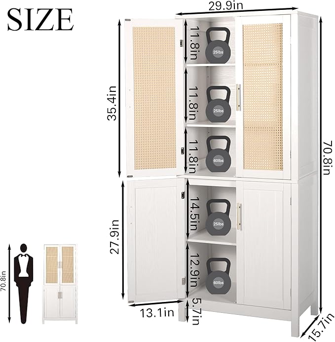 MISHAO 71" Kitchen Pantry Storage Cabinet, Tall Storage Cabinet with Rattan Doors & Adjustable Shelves, Freestanding Cupboard Wood Pantry for Kitchen, Living Room, Dining Room Hallway, White-Ruum Studio Home