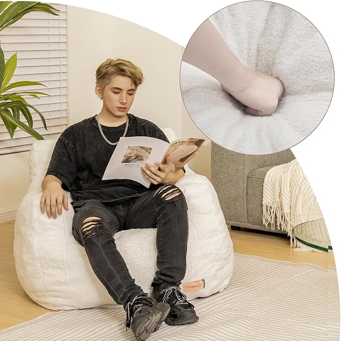 Bean Bag Chair with Filler, Bean Bag Sofa with Tufted Soft Stuffed Filling, Fluffy and Lazy Sofa, Comfy Cozy BeanBag Chairs with Memory Foam for Dorm, Apartment, Living Room (White)-Ruum Studio Home
