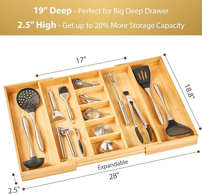 Umilife Extra Large Expandable Kitchen Drawer Organizer for Utensil and Junk, 19" Deep for Big Drawer, 17" to 28" Adjustable Bamboo Wood Drawer Divider, Cutlery Tray, Flatware Holder-Ruum Studio Home
