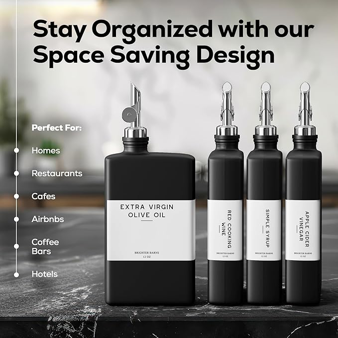 Black Glass Olive Oil Dispenser Bottle for Kitchen by Brighter Barns - Soy Sauce Dispenser, Coffee Syrup Bottle - Modern Kitchen Decor for Restaurant, Airbnb, Coffee Bar Accessories (Black, Set of 2)-Ruum Studio Home