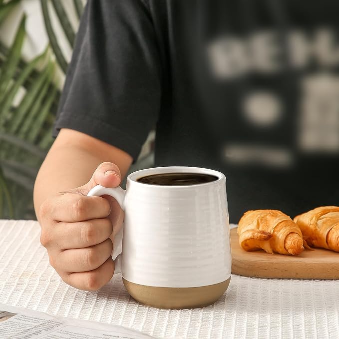 Large Ceramic Coffee Mugs Set - 15 OZ Porcelain Coffee Latte Cups Set of 4 with Handle Perfect for Cappuccino, Tea, Mocha, Hot or Cold Drinks, Unique Glaze Design for Home, Cafe and Coffee Bar, White-Ruum Studio Home