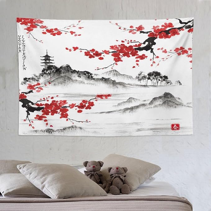 Cherry Blossoms Tapestry, Japanese Fuji Mountain Tapestry, Asian Japanese Wall Tapestry, Nature Landscape Tapestries for Bedroom Living Room Decor 90"x60"-Ruum Studio Home