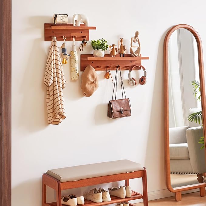 Wall Mounted Hook with Shelf,15.75in Entryway Wall Hanging Shelf,Solid Wood Coat Hooks,for Bathroom, Kitchen,Cherry Wood Color YD-WS0240C-Ruum Studio Home