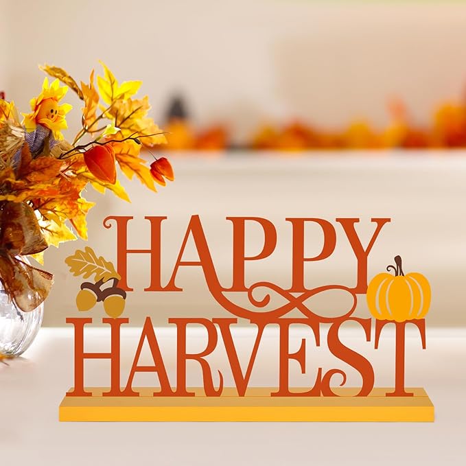 COCHIE Metal Happy Harvest Sign, Orange Fall Decorations for Home, Office, Shelf, Mantel, Indoor, Autumn Pumpkin Decoration, Hello Fall Leave Decor (Harvest)-Ruum Studio Home