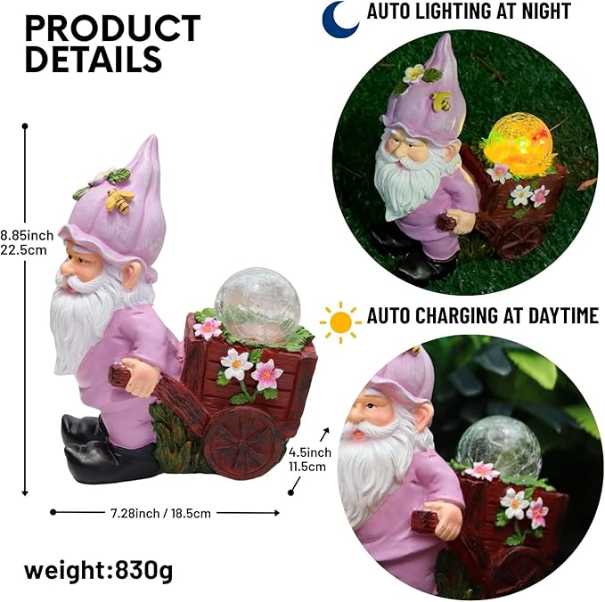 Solar Garden Gnome Statue with Crackle Glass Globe Lights, Waterproof Outdoor Decor for Patio, Lawn, or Yard, Whimsical Housewarming Gift(Pink Gnomes)-Ruum Studio Home