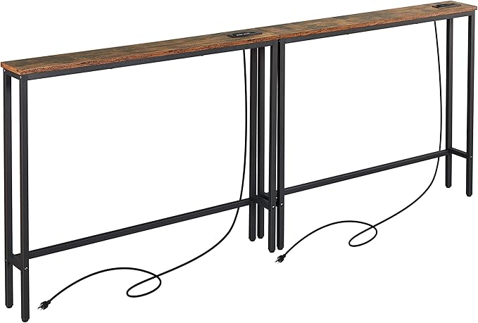 ELYKEN 2 Pack 5.9" Narrow Console Sofa Table with Power Outlets, 5.9" D x 39.4" W x 31.1" H Long Couch Table with Metal Frame and Charge Station with 6.5’ Extension Cord, Rustic Brown-Ruum Studio Home